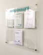 Стенд прозрачный «Информация» 800 х 800 мм, оргстекло 4 мм, карманы из оргстекла: 5 А4, 1 объемный А4, 4 дистанционных держателя. Стоимость 9890 рублей.